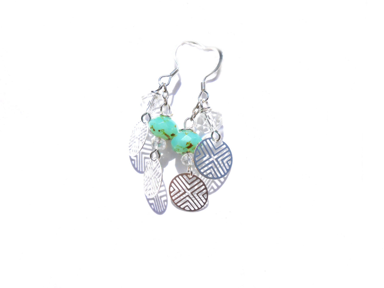 Geometric Earrings - Mint Czech Beads - Tribal, Chevron - Charm, Dangle Summer Earrings