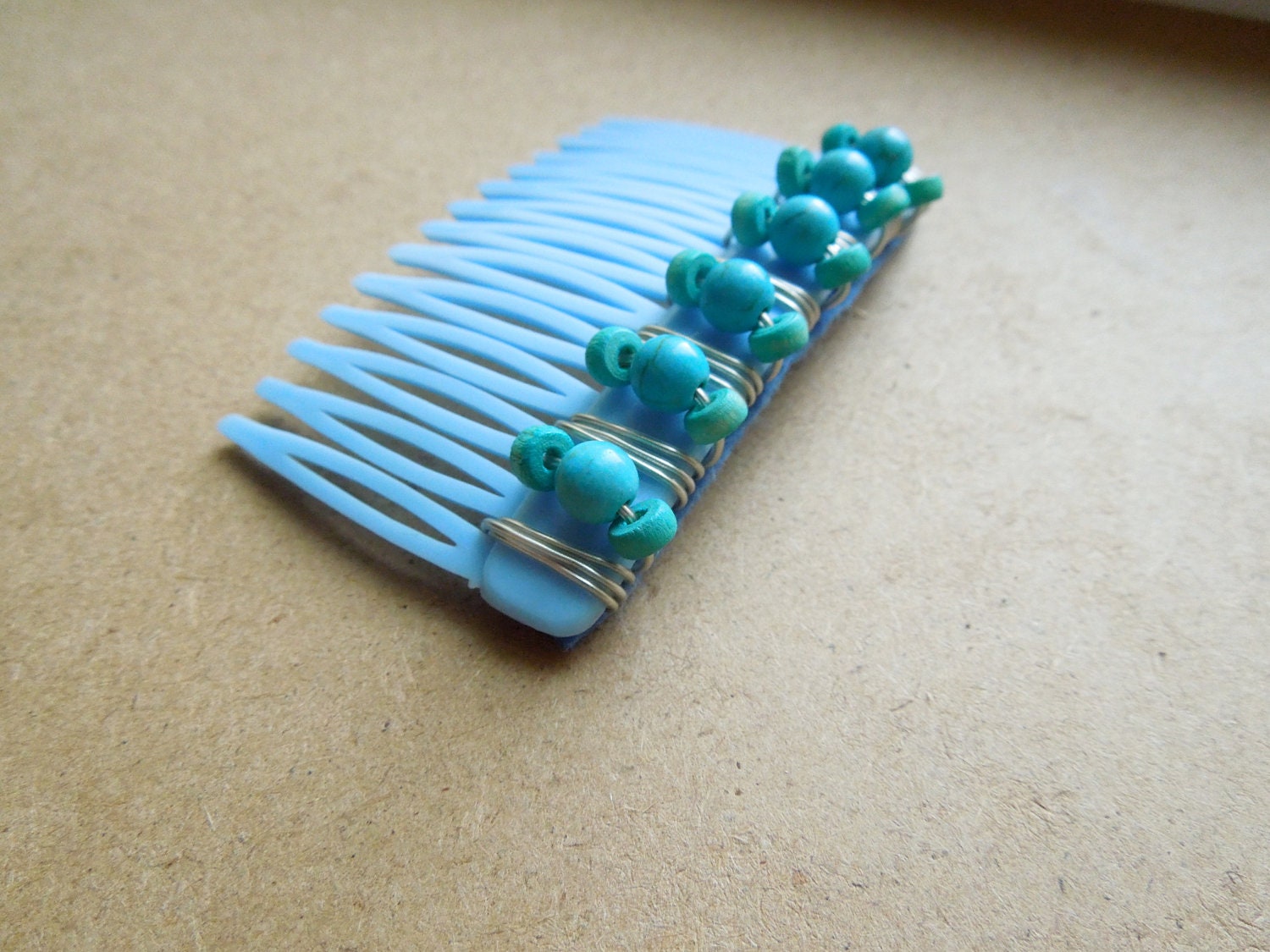 Wire wrapped vintage hair comb: Light blue, turquoise, and seafoam green