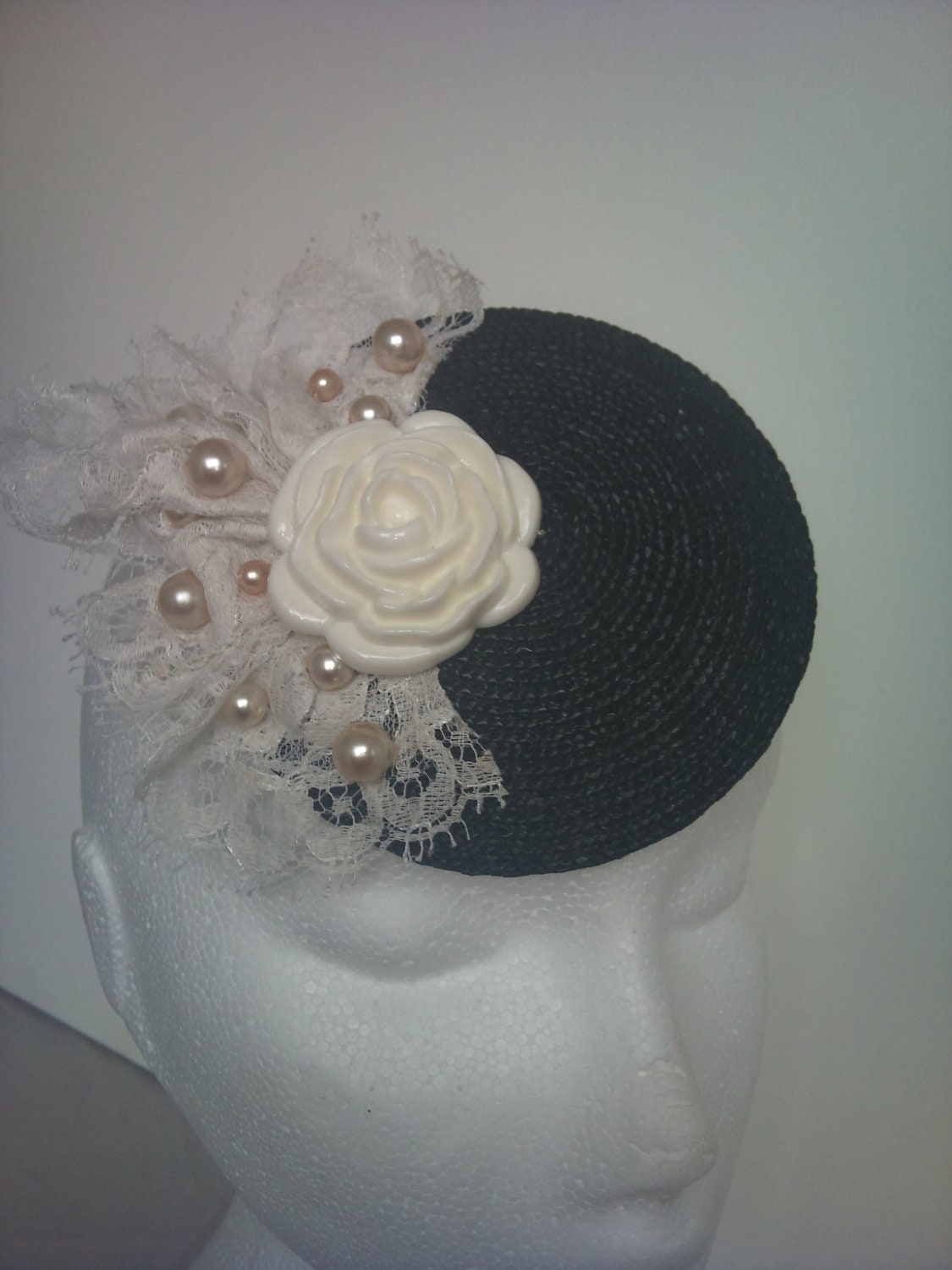 ERTE inspired black and white lace hat fascinator
