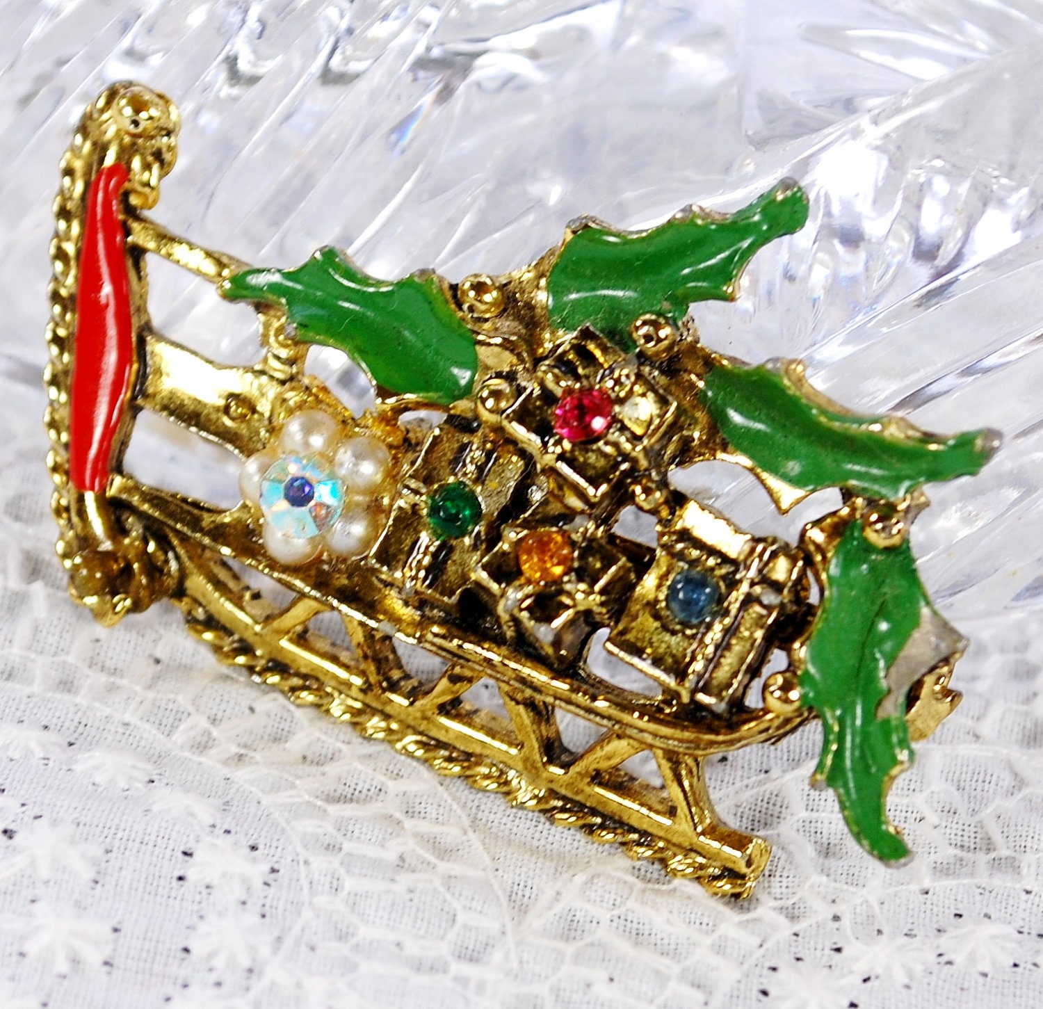 Vintage Christmas Brooch / Pin, Gold Tone Sleigh, Holly Leaf, Multicolored Rhinestone, Enamel, Pearl, 1950s 1960s Mad Men, Holiday Jewelry