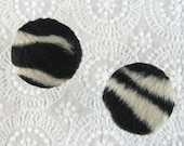 Vintage Button Earrings, Faux Fur, Black White Zebra Animal Print, Pierced, 1980s MOD Costume Jewelry