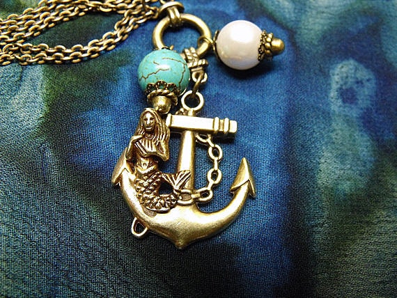 Mermaid and Anchor Pendant Necklace Antiqued Goldtone