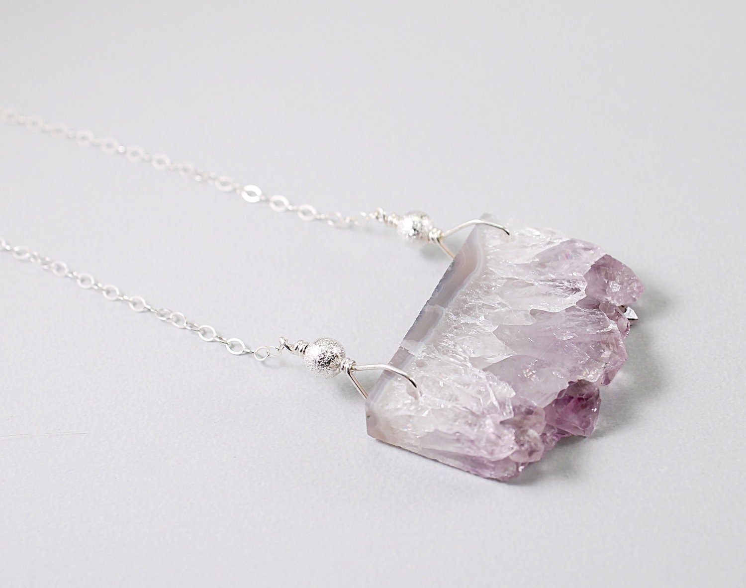 Gemstones necklace: druzy amethyst jewelry gemstone sterling silver purple gray natural crystal quartz