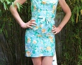 60s green turquoise floral leafy wiggle mini dress XS