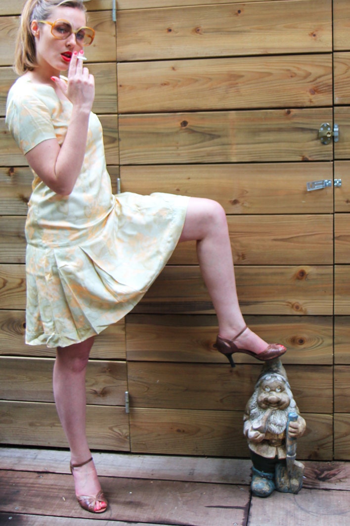 60s sage green apricot pastel watercolor floral pleated drop dress S