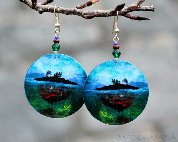 Fairy tale Landscape  Earrings Blue Wearing Art 2-sided  Round Jewelry, diameter 4cm (1,57 inch) , Limited Edition