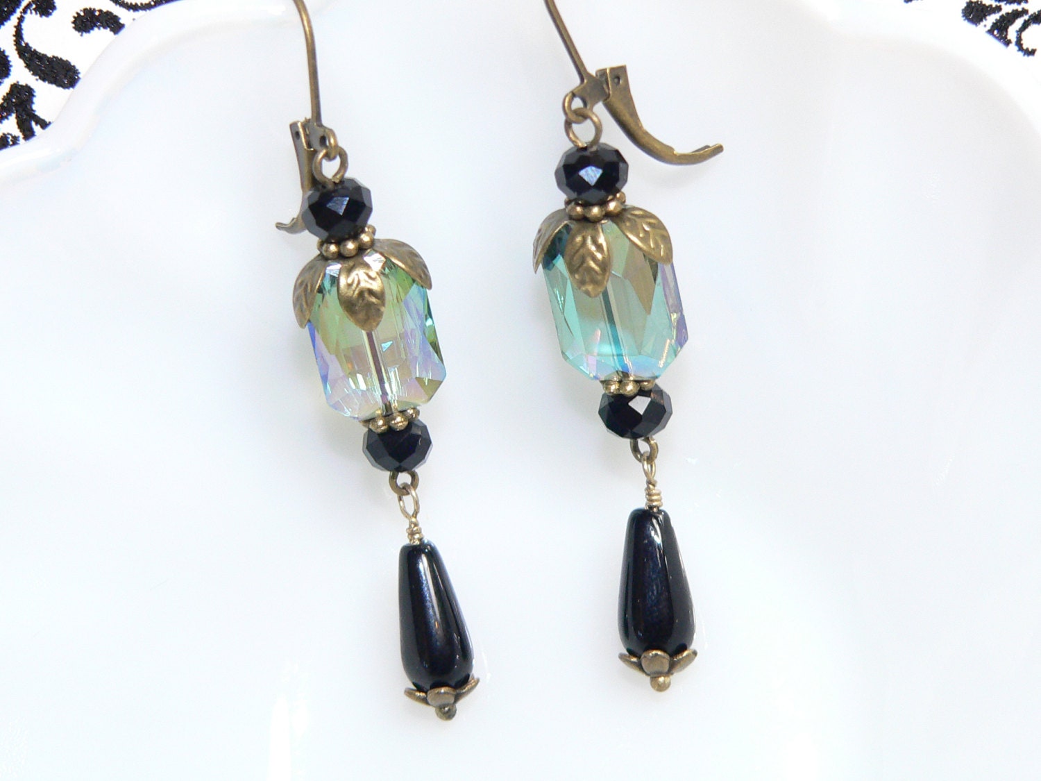 Downton Abbey Style Jewelry Vintage Emerald Cut Crystal Earrings- Black