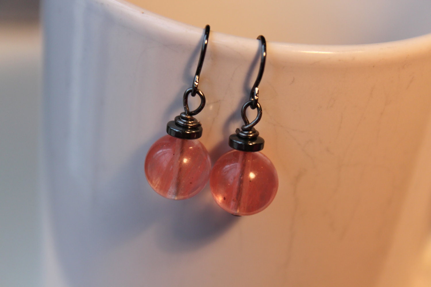 Sale Free US Shipping Little simple modern Cherry Quartz Beads hematite gunmetal dangle Earrings  - Ready To Ship