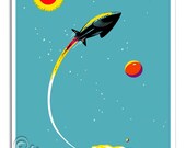 Rocket Ship in Outer Space Kids Art Print of Sun Stars and Planets  - 8x10