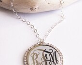 Monogram Necklace 1" Round with Clear Czs, Rhodium Personalized Jewelry, Engraved, Initial Jewelry, Mother's Necklace, Gift, Bridesmaid