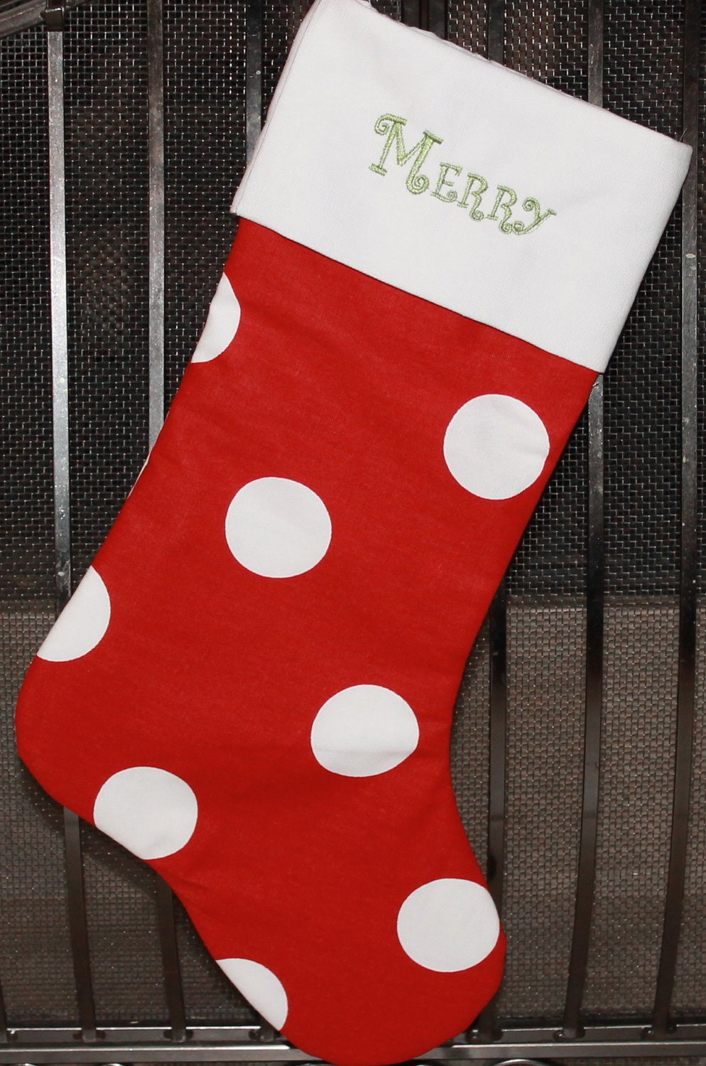 Personalized Red and white polka dot print Christmas Stocking- Monogrammed FREE