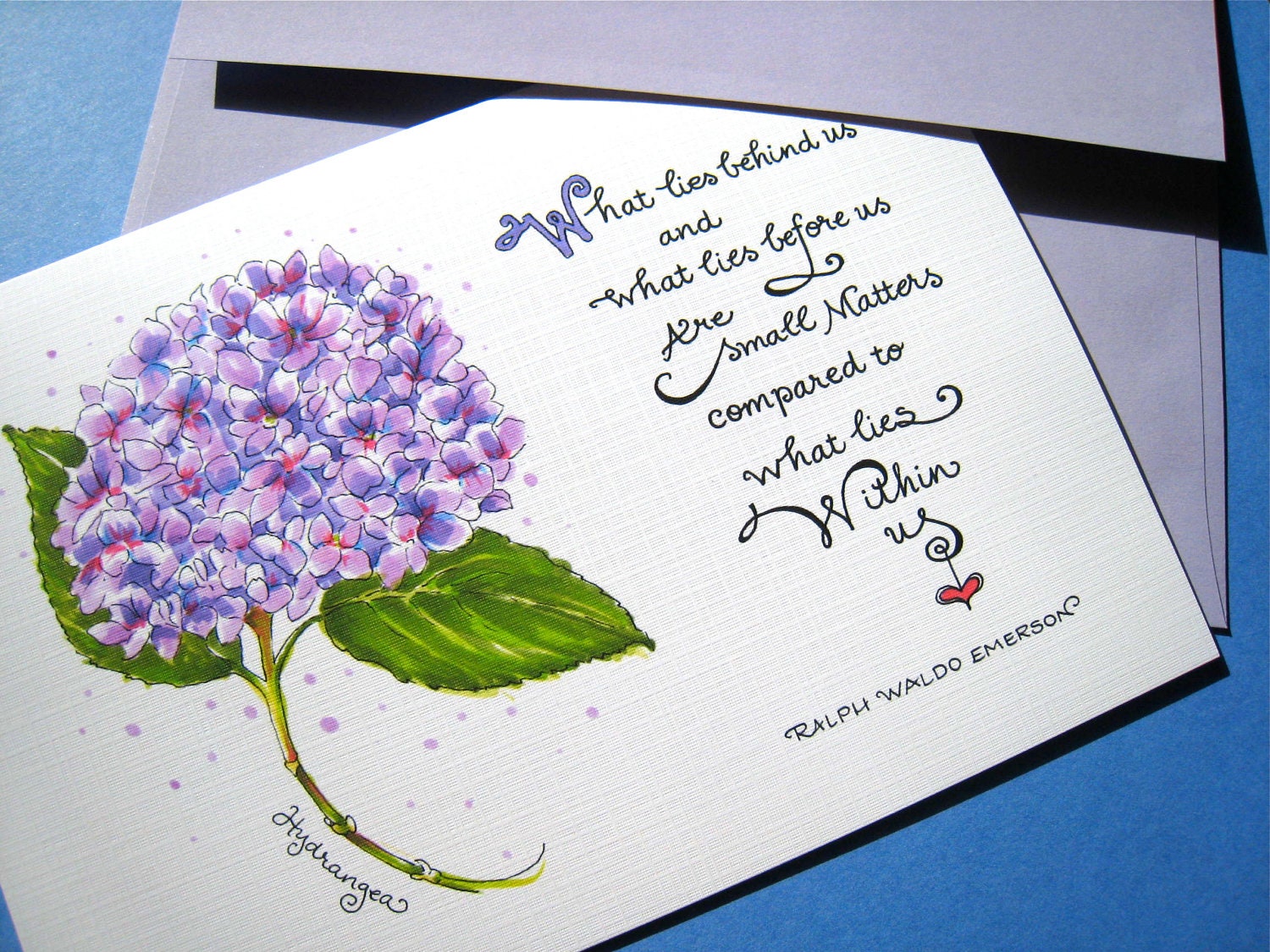 Inspirational Card. Emerson Quote. Lavender Hydrangea - What Lies Within Us