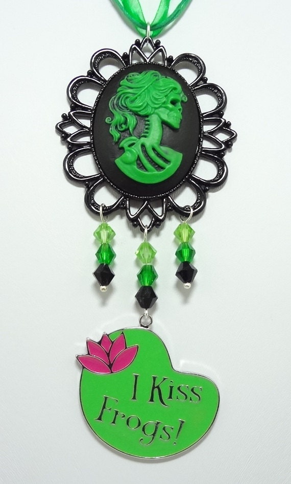 Gothic Lolita Necklace with Czech Crystals, I Kiss Frogs - On A Triple Green Ribbon