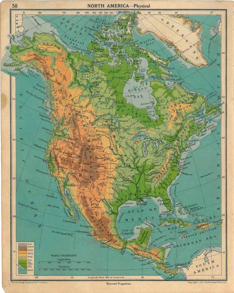 1941 Vintage Relief Map of North America, the Caribbean and Central America