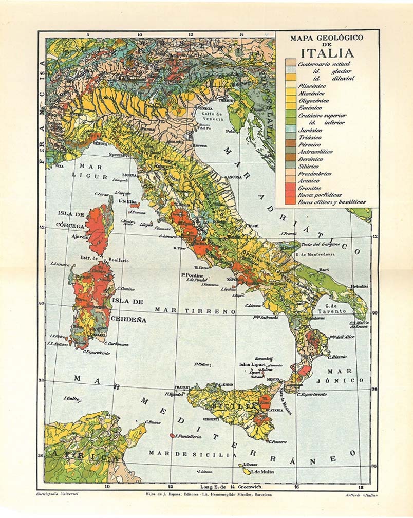 Geology Vintage Map Italy Colorful 1923 Home Decor to Frame