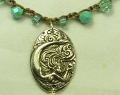 Mermaid beaded crochet necklace - Boho style - Green Girls Studio oval mermaid pendant. Turquoise green, Aqua, Pearls, beach style.