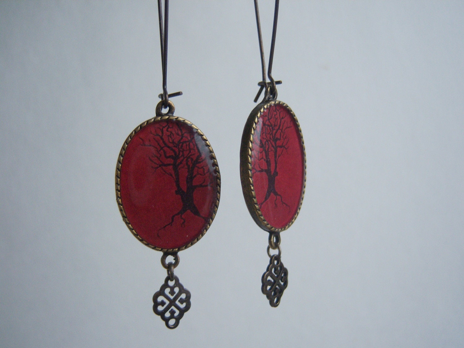 Red Tree Dangle Earrings - Antique Bronze Kidney Hook - Pee Tree