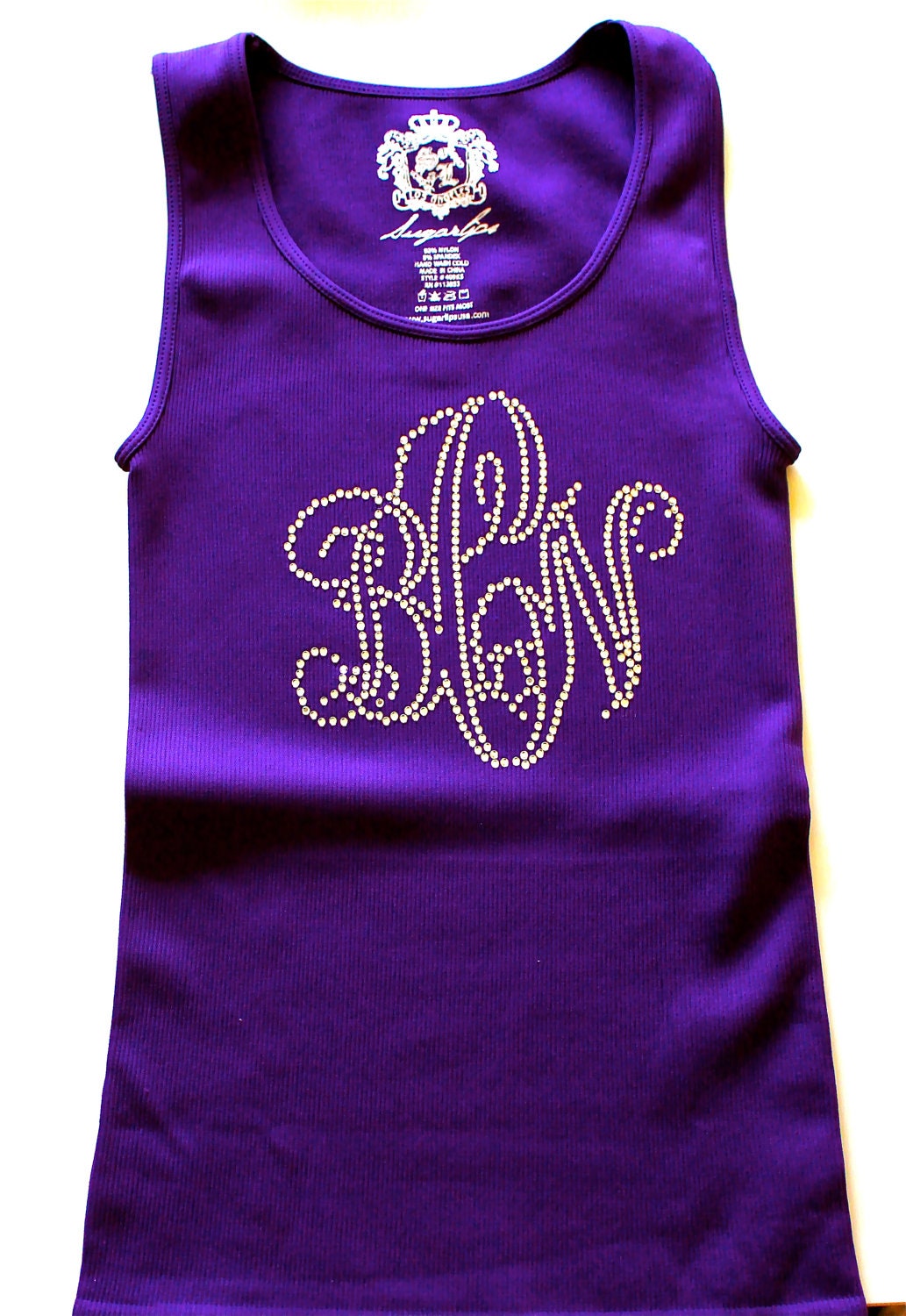 Sugar lips tank top with a 3 letter monogram done with this style of one of your choice across front.