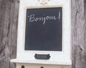 Le Grande Madame Message Center - vintage style French white chalkboard with chalk holder, key hooks and shelf