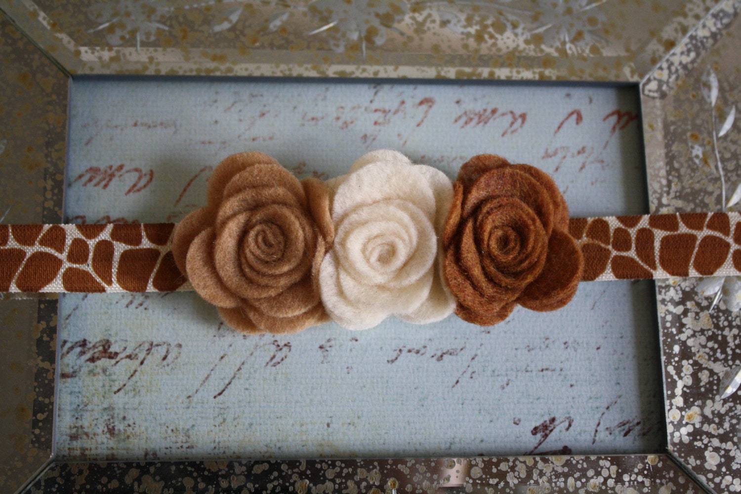 Baby Girls Giraffe Headband - Felt Flower Hair Band - Ivory Camel and Copper
