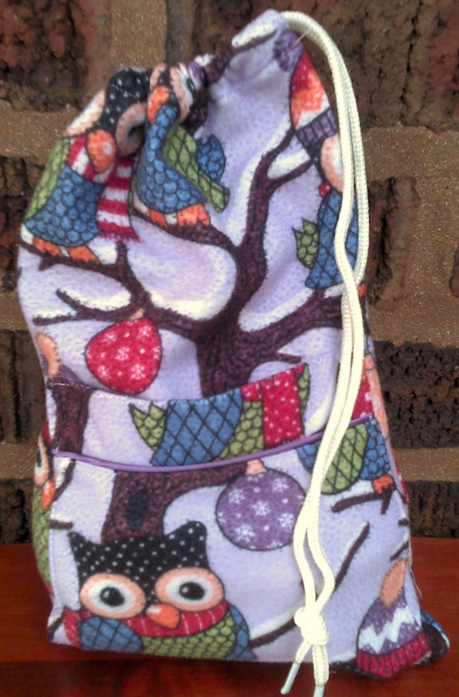 Sock Bag, Knitting Project Bag, Crochet, Flannel Owls on Purple, Upcycled