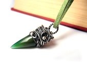 Olive Green Agate Pendant - Vampire Fang - Silver Wire Wrapped Necklace - Dangle Tribal - Braided Celtic Woodland - Forest Green Jewelry - NurrgulaJewellery