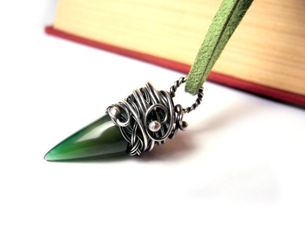 Green Talon Agate Pendant - Vampire Fang - Silver Wire Wrapped Necklace - Dangle Tribal - Braided Celtic Woodland - Forest Green Jewelry