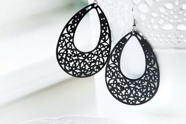 Black Filigree Drop Earrings, Matte, Teardrop Shape, Floral Bubble Polka Dot Design, Oval Lightweight, Jet Black Bohemian Drops