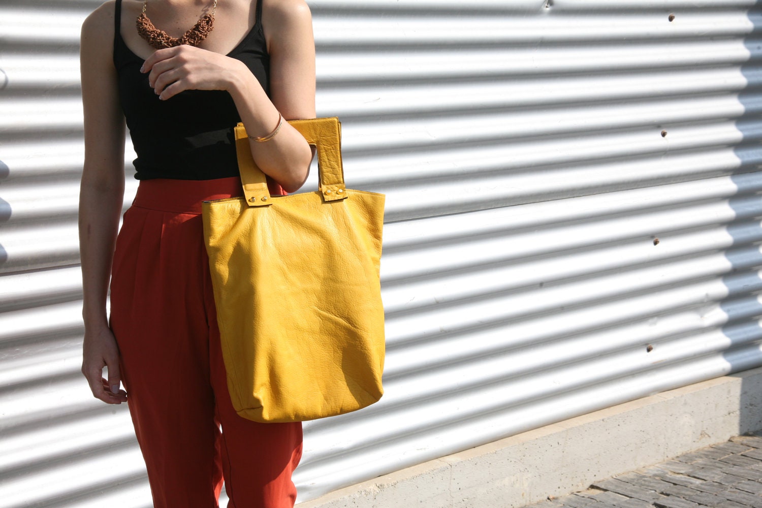 50% off Yellow large leather tote - with gold studs