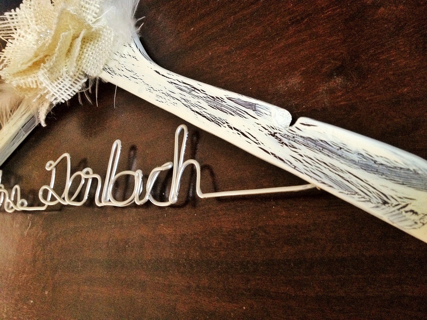 Distressed Style Wedding Dress Hanger w/ Burlap Flower