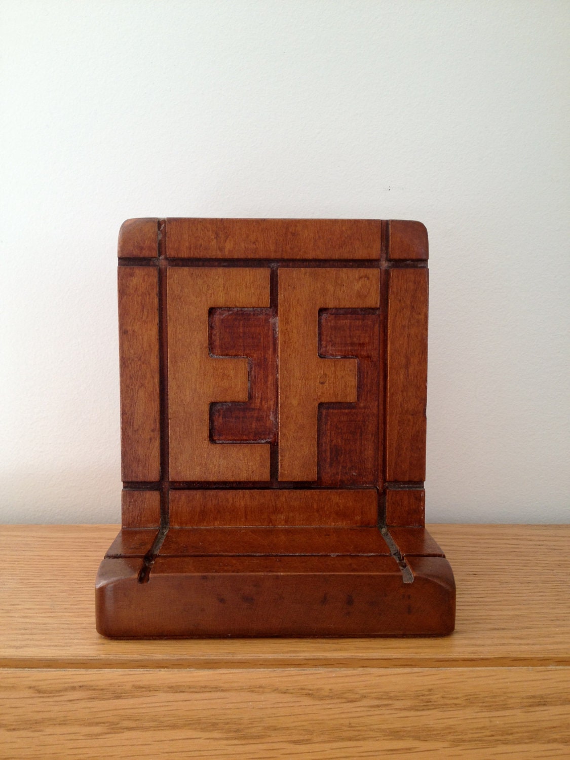 vintage carved walnut wood ef initials bookends
