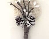 Fall/Winter Boutonniere-Rustic inspired with small pinecones and ivory burlap