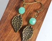 Seafoam Leaf Charm Earrings, Dainty Brass Leaf Woodland Jewelry, Mint Green Czech Bead, Hanging Leaf Earrings