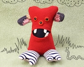 Manny the monster plush recycled creature reused red stripes alien freak cute cuddly geek toy