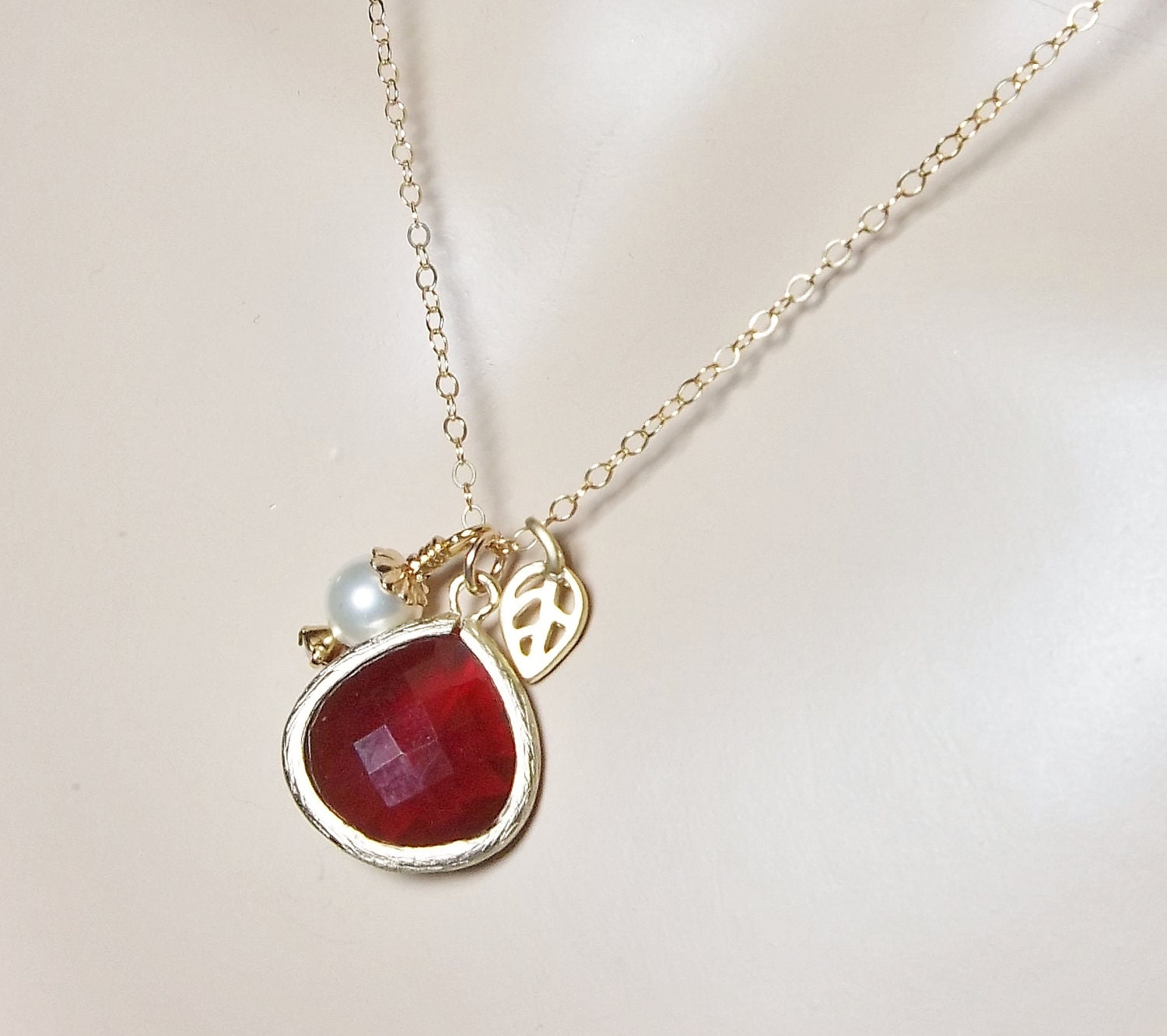 Amber necklace- Czech glass - Gold filled Neclace - Burnt Orange - Tiny leaf and peal - Beautiful Fall Jewelry -