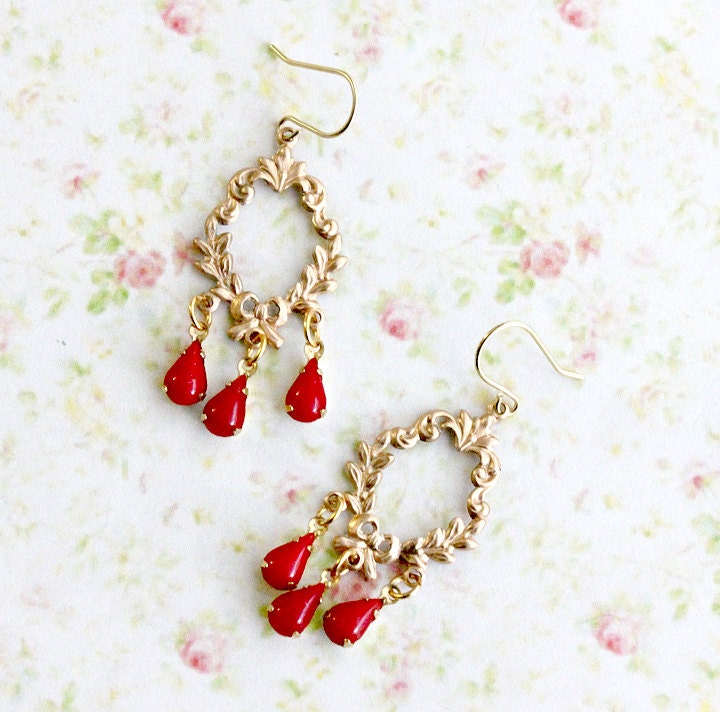 Red Chandeliers Earrings. Gift for her, spring, Wedding. Delicate, Victorian Chandelier, Bohemian, Boho,