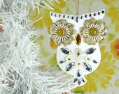 Owl Christmas Ornament  Decoration White Jeweled Wood Hand Painted