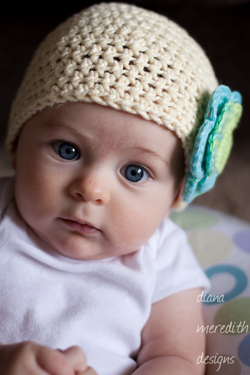 Baby Hat - 3-6 months - Butter Cream with Teal Flower
