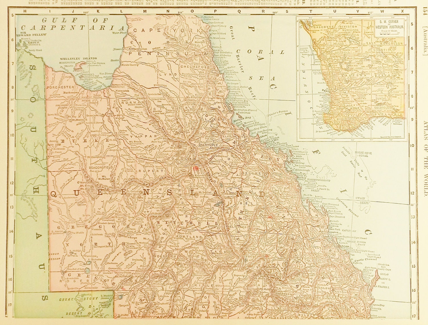 Vintage Queensland, Australia or New Zealand, Polynesia  1903 Map To Frame, Island Decor (One Full-Page Map Per Side) No. 153-154