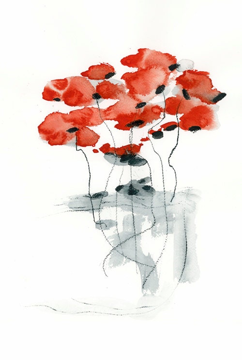 Poppy Watercolor Archival Giclee Print Red Grey 8x10 whimsical mothers day nursery gift for her - DUEALBERI