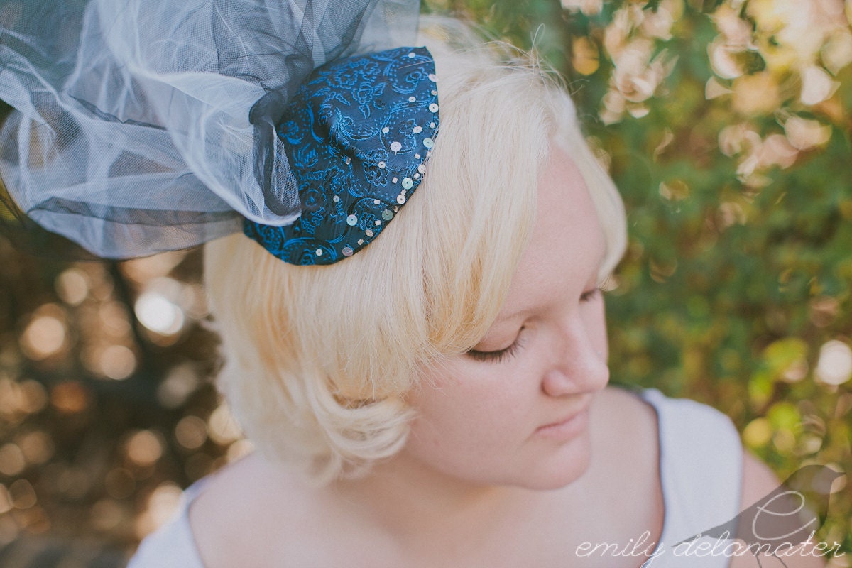 Raquel - Beaded Blue Brocade Fascinator with Tulle Handmade from Vintage Materials