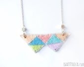 Navajo style necklace. Triangular bib necklace in pink, lilac, blue and yellow pastel tones.