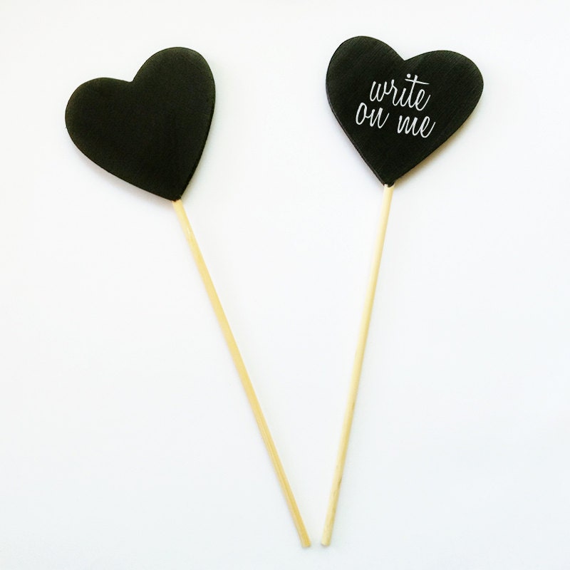 2 Chalkboard Hearts on a Stick - Cake Toppers - Table Numbers - Candy Buffet Sign - Wedding Decoration - Photobooth Prop Il_570xn