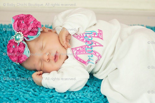 Baby Girl Onesie or Gown and Rosette Hair Bow with Rhinestone - Hot Pink Damask Initial Applique - Newborn thru 12 months