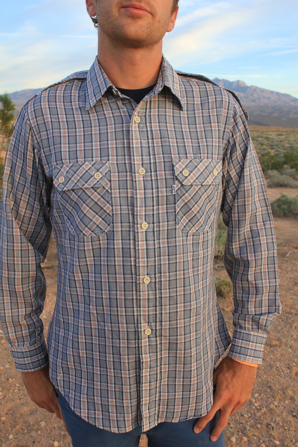 Rugged Individualism - Rad Vintage Levi's Plaid 80s Shirt, Button Up Long Sleeve with Epaulettes, Large