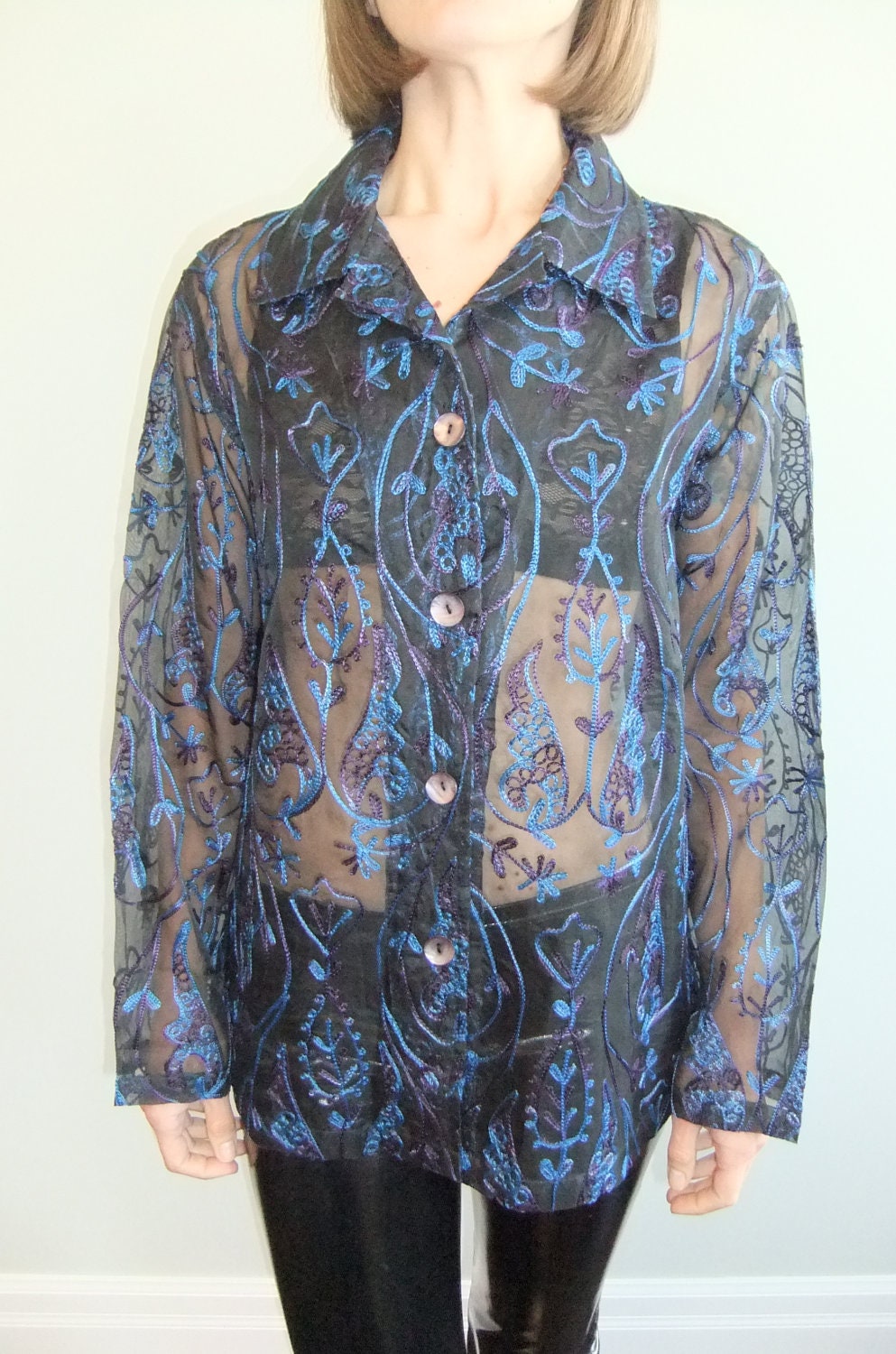 sheer tunic shirt, embroidered blouse, ethnic blouse, black sheer oversized shirt