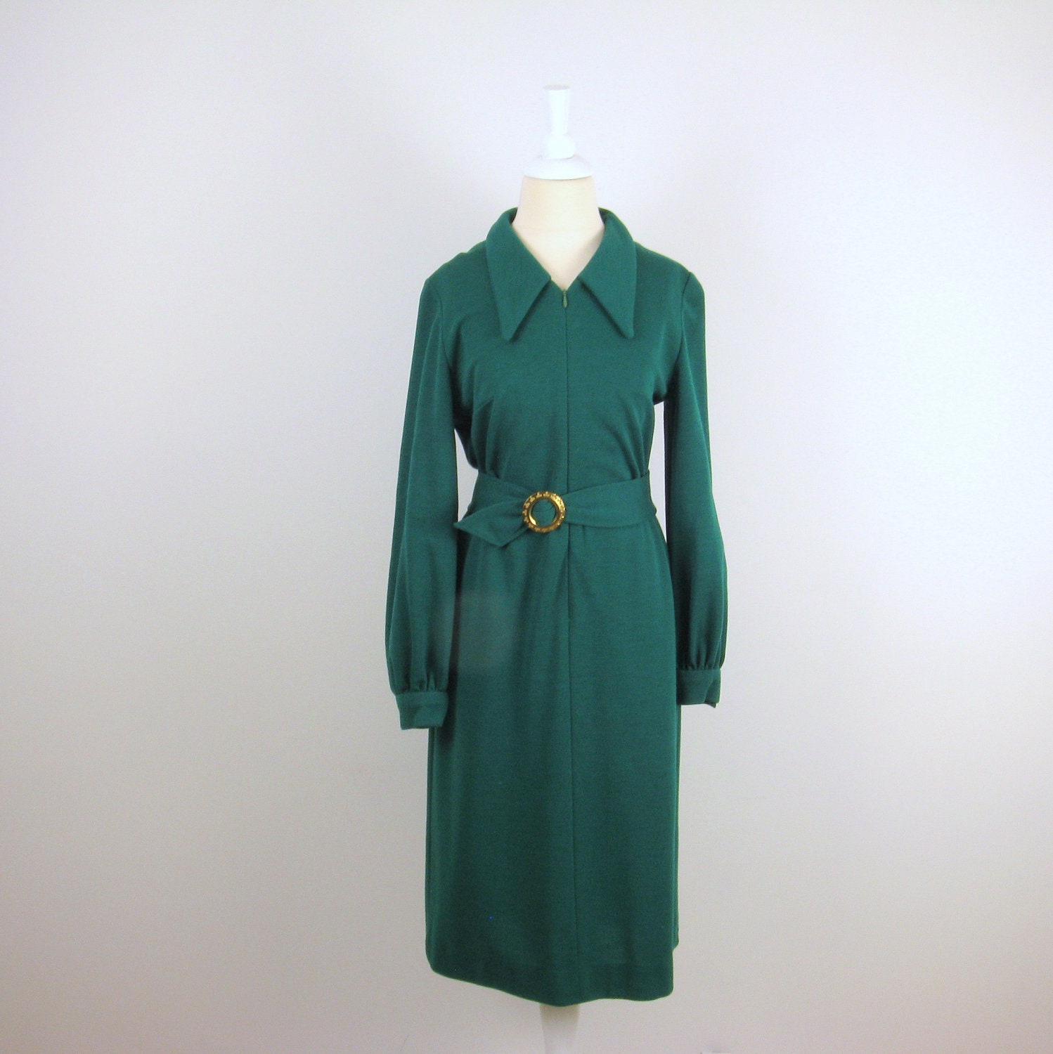Vintage 1960s Belted Dress in Emerald Green Knit - Small - TwoMoxie