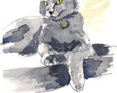 Cat illustration cat art original painting russian blue gray cat sitting home decor wall art