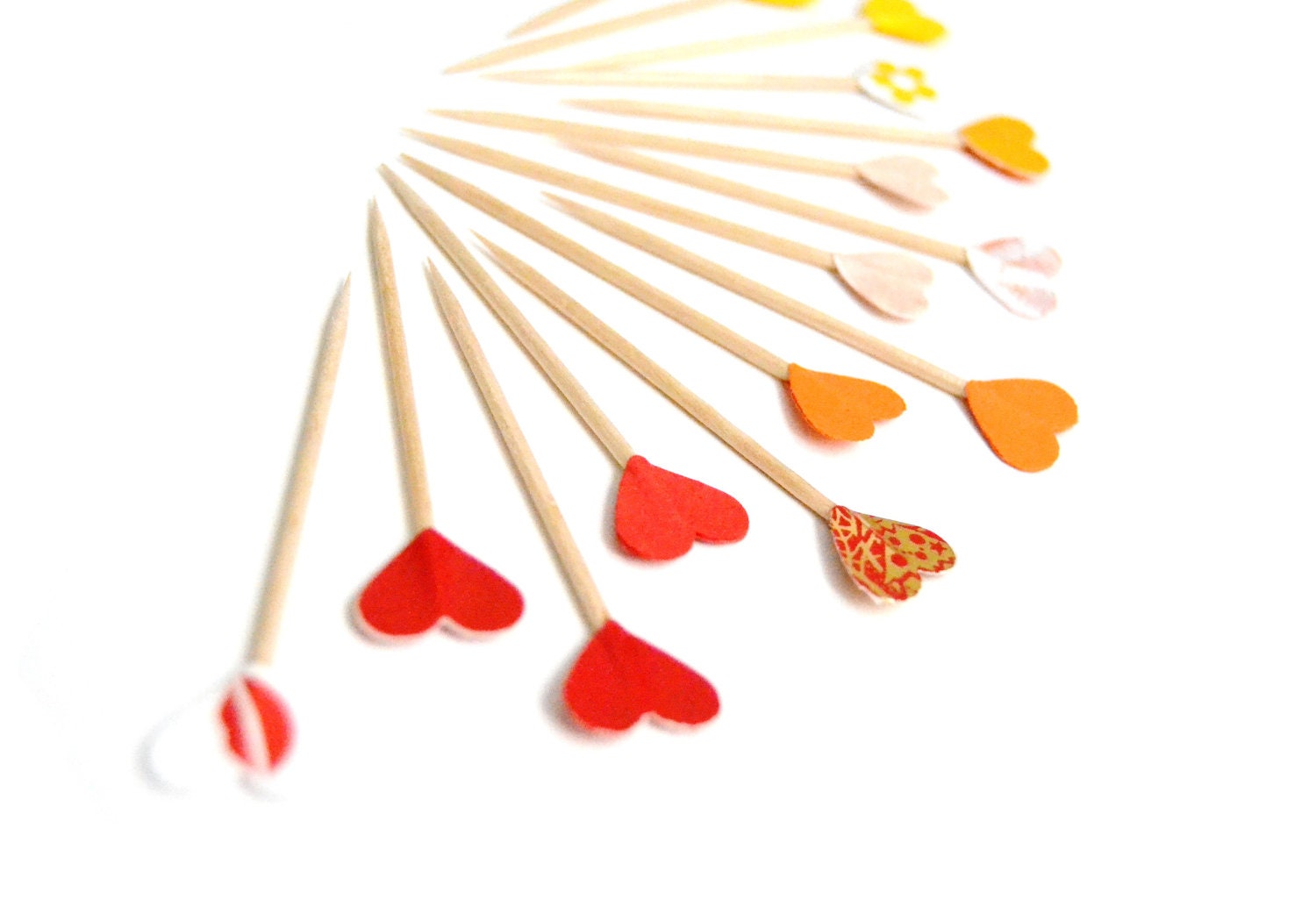 15 Red, Orange, Yellow Party Picks Hearts Cupcake Toppers - Autumn Fall Halloween Colors