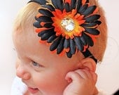 The Halloween Daisy - Black, Orange, Yellow Rhinestone Daisy Available on Headband or Hair Clip - Baby Girl Halloween Headband